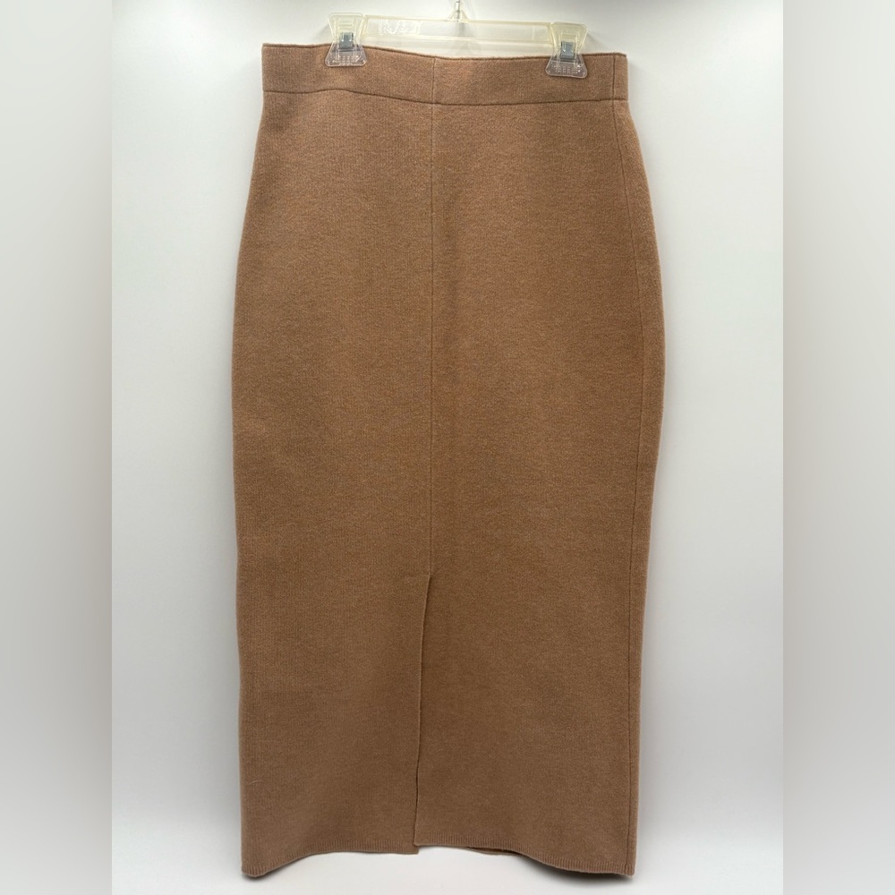 Aritzia Babaton Tan Knit Midi Pencil Skirt High Waist Back Slit Minimalist M - Picture 7 of 13